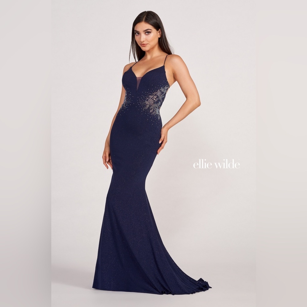 Ellie Wilde Ew34075 Long Jersey Mermaid Prom Gown Blue Iridescent Crystals Sz 6
